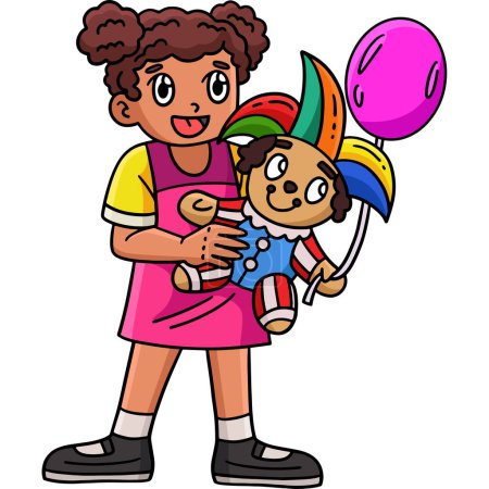 Illustration for This cartoon clipart shows a Circus Girl Holding a Clown Stuffed Toy illustration. - Royalty Free Image