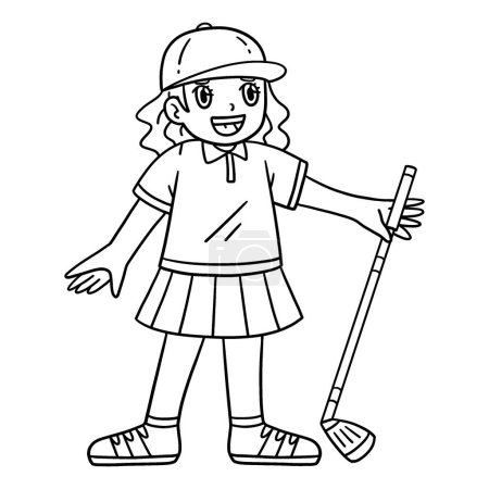 Ilustración de Una página para colorear lindo y divertido de una golfista de golf con un club. Proporciona horas de diversión para colorear para los niños. Para colorear, esta página es muy fácil. Apto para niños pequeños y niños pequeños. - Imagen libre de derechos