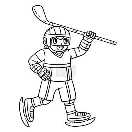 Illustration for A cute and funny coloring page of an Ice Hockey Player Raising Hockey Stick. Provides hours of coloring fun for children. To color, this page is very easy. Suitable for little kids and toddlers. - Royalty Free Image