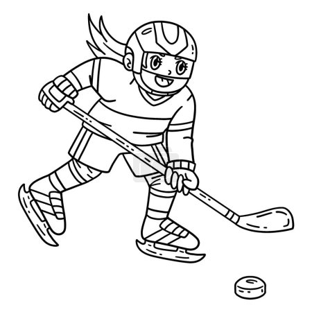Illustration for A cute and funny coloring page of an Ice Hockey Player Chasing a Hockey Puck. Provides hours of coloring fun for children. To color, this page is very easy. Suitable for little kids and toddlers. - Royalty Free Image