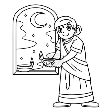 Una página para colorear linda y divertida de una mamá Diwali sosteniendo una vela junto a la ventana. Proporciona horas de diversión para colorear para los niños. Para colorear, esta página es muy fácil. Apto para niños pequeños y niños pequeños.