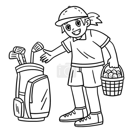 A cute and funny coloring page of a Female Caddie with a Bag and a Basket of Balls. Provides hours of coloring fun for children. To color, this page is very easy. Suitable for little kids and toddlers