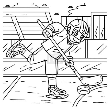 Illustration for A cute and funny coloring page of an Ice Hockey Player Directing Puck. Provides hours of coloring fun for children. To color, this page is very easy. Suitable for little kids and toddlers. - Royalty Free Image