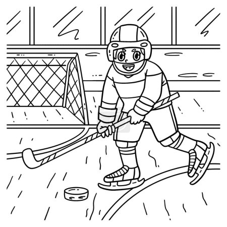 Illustration for A cute and funny coloring page of an Ice Hockey Player Hitting a Hockey Puck. Provides hours of coloring fun for children. To color, this page is very easy. Suitable for little kids and toddlers. - Royalty Free Image