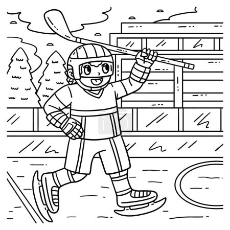 Illustration for A cute and funny coloring page of an Ice Hockey Player Raising Hockey Stick. Provides hours of coloring fun for children. To color, this page is very easy. Suitable for little kids and toddlers. - Royalty Free Image