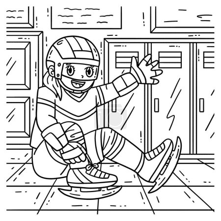 Illustration for A cute and funny coloring page of an Ice Hockey Female Player Wearing Shoes. Provides hours of coloring fun for children. To color, this page is very easy. Suitable for little kids and toddlers. - Royalty Free Image