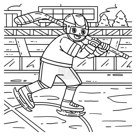 Illustration for A cute and funny coloring page of an Ice Hockey Player Holding Stick. Provides hours of coloring fun for children. To color, this page is very easy. Suitable for little kids and toddlers. - Royalty Free Image