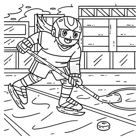 Illustration for A cute and funny coloring page of an Ice Hockey Player Chasing a Hockey Puck. Provides hours of coloring fun for children. To color, this page is very easy. Suitable for little kids and toddlers. - Royalty Free Image
