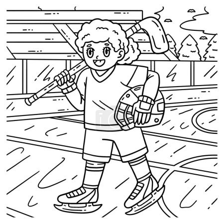 Illustration for A cute and funny coloring page of an Ice Hockey Female Player Holding Helmet. Provides hours of coloring fun for children. To color, this page is very easy. Suitable for little kids and toddlers. - Royalty Free Image