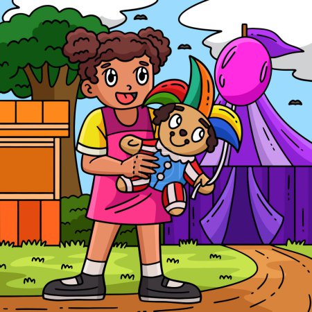 This cartoon clipart shows a Circus Girl Holding a Clown Stuffed Toy illustration.