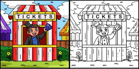 Diese Malseite zeigt einen Circus-Ticketstand. Eine Seite dieser Illustration ist farbig und dient Kindern als Inspiration.