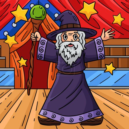 Illustration for This cartoon clipart shows a Circus Wizard Spreading Stars illustration. - Royalty Free Image