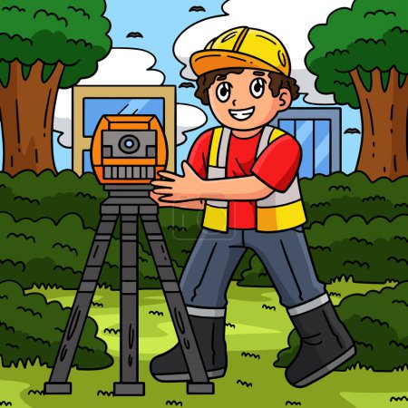 This cartoon clipart shows a Construction Engineer with a Surveying Tool illustration.