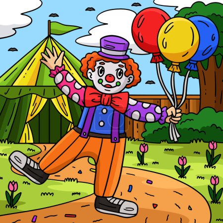Illustration for This cartoon clipart shows a Circus Clown Holding a Balloon illustration. - Royalty Free Image