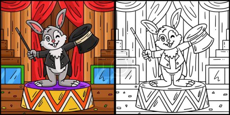 Illustration for This coloring page shows a Circus Magician Rabbit. One side of this illustration is colored and serves as an inspiration for children. - Royalty Free Image