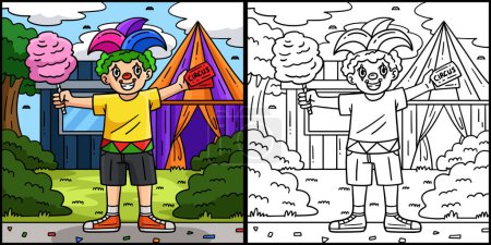 This coloring page shows a Circus Child In Clown Make Up. One side of this illustration is colored and serves as an inspiration for children.