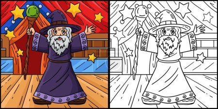 Illustration for This coloring page shows a Circus Wizard Spreading Stars. One side of this illustration is colored and serves as an inspiration for children. - Royalty Free Image