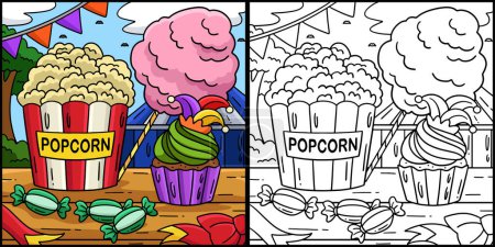 Illustration for This coloring page shows a Circus Snacks Popcorn. One side of this illustration is colored and serves as an inspiration for children. - Royalty Free Image