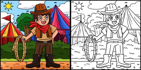 This coloring page shows a Circus Cowgirl With Whip. One side of this illustration is colored and serves as an inspiration for children.