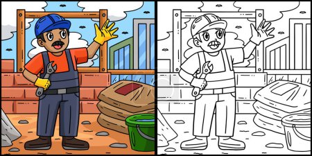 This coloring page shows a Construction Worker. One side of this illustration is colored and serves as an inspiration for children.