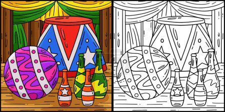 Illustration for This coloring page shows a Circus item. One side of this illustration is colored and serves as an inspiration for children. - Royalty Free Image