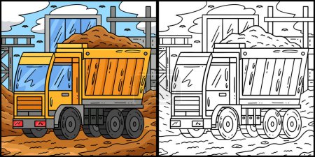 This coloring page shows a Construction Dump Truck. One side of this illustration is colored and serves as an inspiration for children.