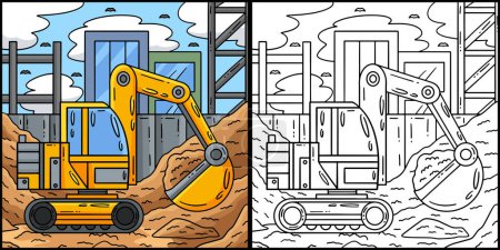 This coloring page shows a Construction Excavator. One side of this illustration is colored and serves as an inspiration for children.