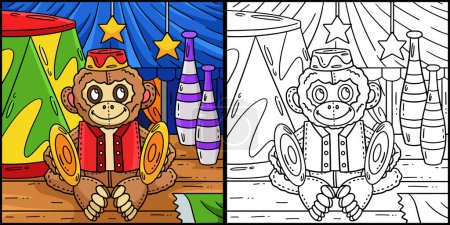 Illustration for This coloring page shows a Circus Monkey. One side of this illustration is colored and serves as an inspiration for children. - Royalty Free Image