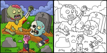 Illustration for This coloring page shows a Zombies Rising from the Grave. One side of this illustration is colored and serves as an inspiration for children. - Royalty Free Image