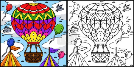 Illustration for This coloring page shows a Circus Hot Air Balloon. One side of this illustration is colored and serves as an inspiration for children. - Royalty Free Image