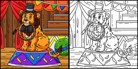 Illustration for This coloring page shows a Circus Lion Biting Whip. One side of this illustration is colored and serves as an inspiration for children. - Royalty Free Image