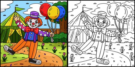 Illustration for This coloring page shows a Circus Clown Selling Balloons. One side of this illustration is colored and serves as an inspiration for children. - Royalty Free Image