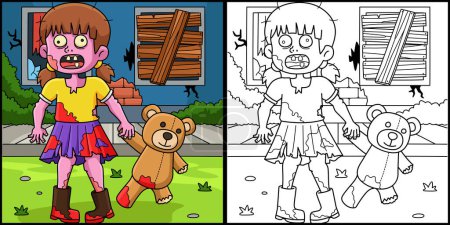 Diese Malseite zeigt ein Zombiekind mit Plüschtier. Eine Seite dieser Illustration ist farbig und dient Kindern als Inspiration.