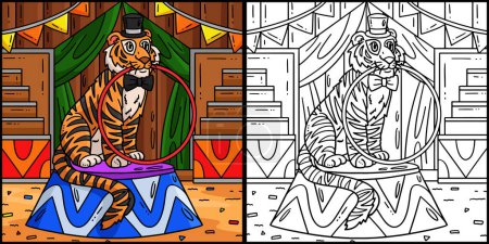Illustration for This coloring page shows a Circus Tiger Biting Hula Hoop. One side of this illustration is colored and serves as an inspiration for children. - Royalty Free Image