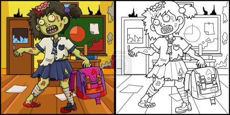 This coloring page shows a Zombie Schoolgirl. One side of this illustration is colored and serves as an inspiration for children.
