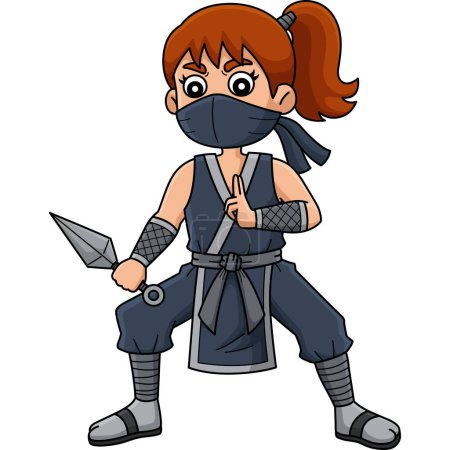 Ce clipart de bande dessinée montre un Ninja Kunoichi avec une illustration Kunai. 