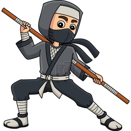 This cartoon clipart shows a Ninja Holding a Staff illustration. 