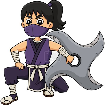 Este clipart de dibujos animados muestra un Ninja Kunoichi con una ilustración de Big Shuriken. 