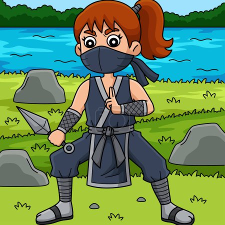 This cartoon clipart shows a Ninja Kunoichi with a Kunai illustration.
