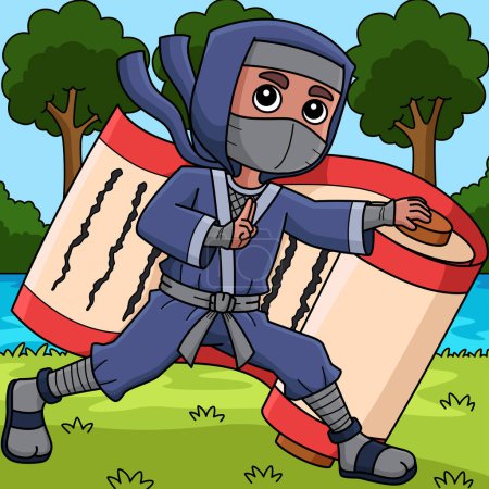 Dieser Cartoon-Clip zeigt einen Ninja, der eine große Schriftrolle hält.
