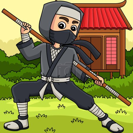 This cartoon clipart shows a Ninja Holding a Staff illustration.