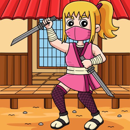 Este clipart de dibujos animados muestra un kunoichi Ninja con dos ilustraciones cortas de Katanas.