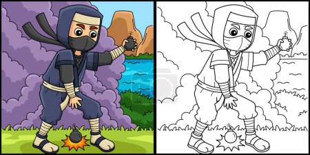 This coloring page shows a Ninja with a Smoke Bomb. One side of this illustration is colored and serves as an inspiration for children.