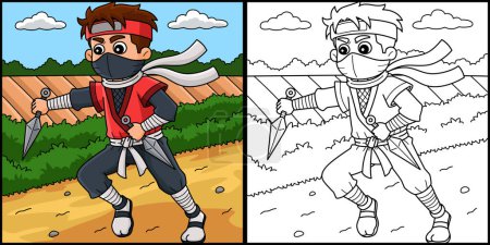 Esta página para colorear muestra un Ninja sosteniendo un Kunai. Un lado de esta ilustración es de color y sirve como inspiración para los niños.