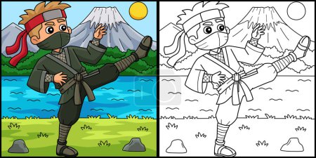 This coloring page shows a Ninja Doing Martial Arts. One side of this illustration is colored and serves as an inspiration for children.