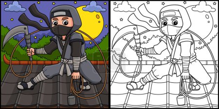 Diese Malseite zeigt einen Ninja mit einem Kusarigama. Eine Seite dieser Illustration ist farbig und dient Kindern als Inspiration.