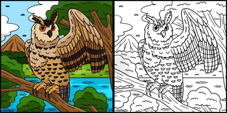 Esta página para colorear muestra un búho águila eurasiática. Un lado de esta ilustración es de color y sirve como inspiración para los niños.