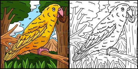 Diese Malseite zeigt einen Papageienvogel. Eine Seite dieser Illustration ist farbig und dient Kindern als Inspiration.