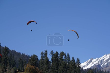 Photo for Skydivers flying over forest and mountains - Royalty Free Image
