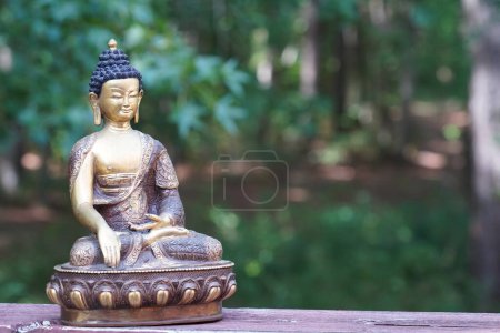 Téléchargez les photos : Bouddha figure assis dans la forêt. concept de religion. - en image libre de droit